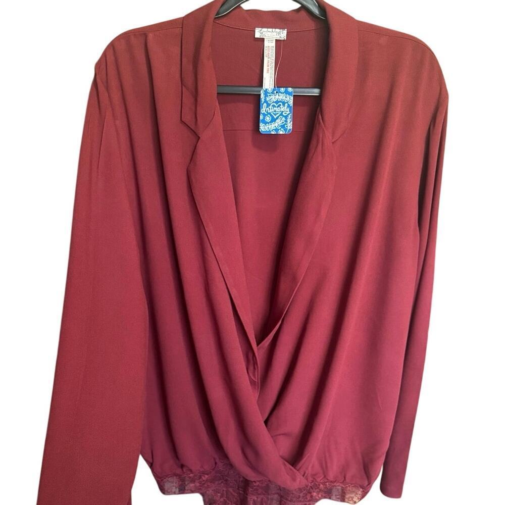 Free People Elsa Bodysuit Surplice Deep V Blouse Burgundy Size Large NWT - Picture 4 of 9